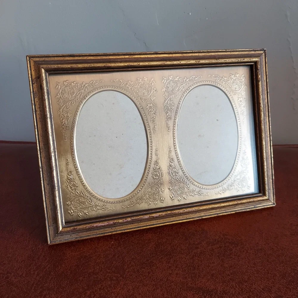 Vintage Gold Double Oval Photo Frame Ornate Floral Embossed Tabletop 5.5x7.75